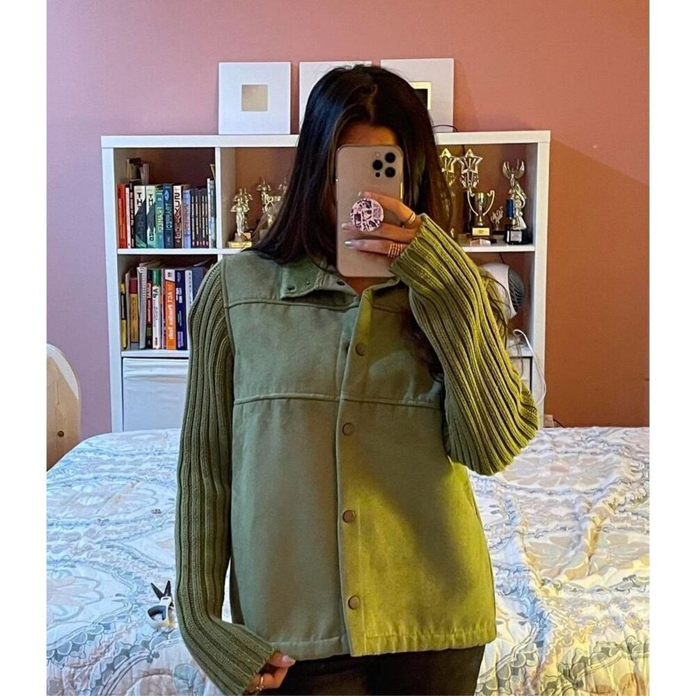 Y2K eStudio Jacket Womens Large Collared Winter‎ Green Button Up Suede Sweater